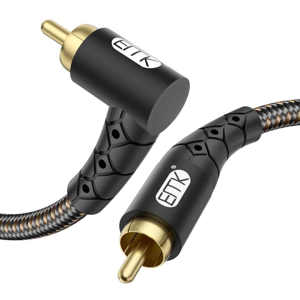 90 Degree RCA Subwoofer Cable 24K Gold-Plated Nylon Braided Double Shielded Black 10ft P549988