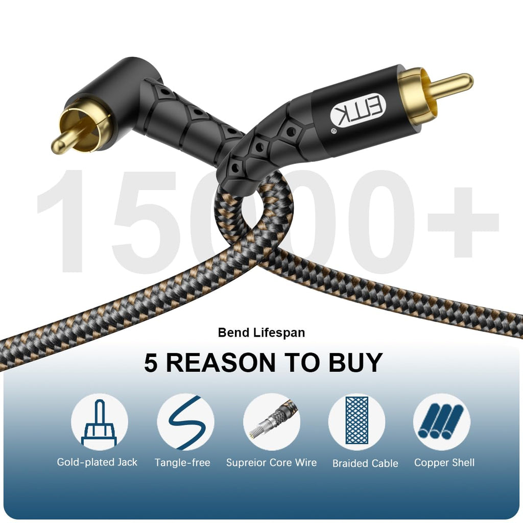 90 Degree RCA Subwoofer Cable 24K Gold-Plated Nylon Braided Double Shielded Black 10ft P549988
