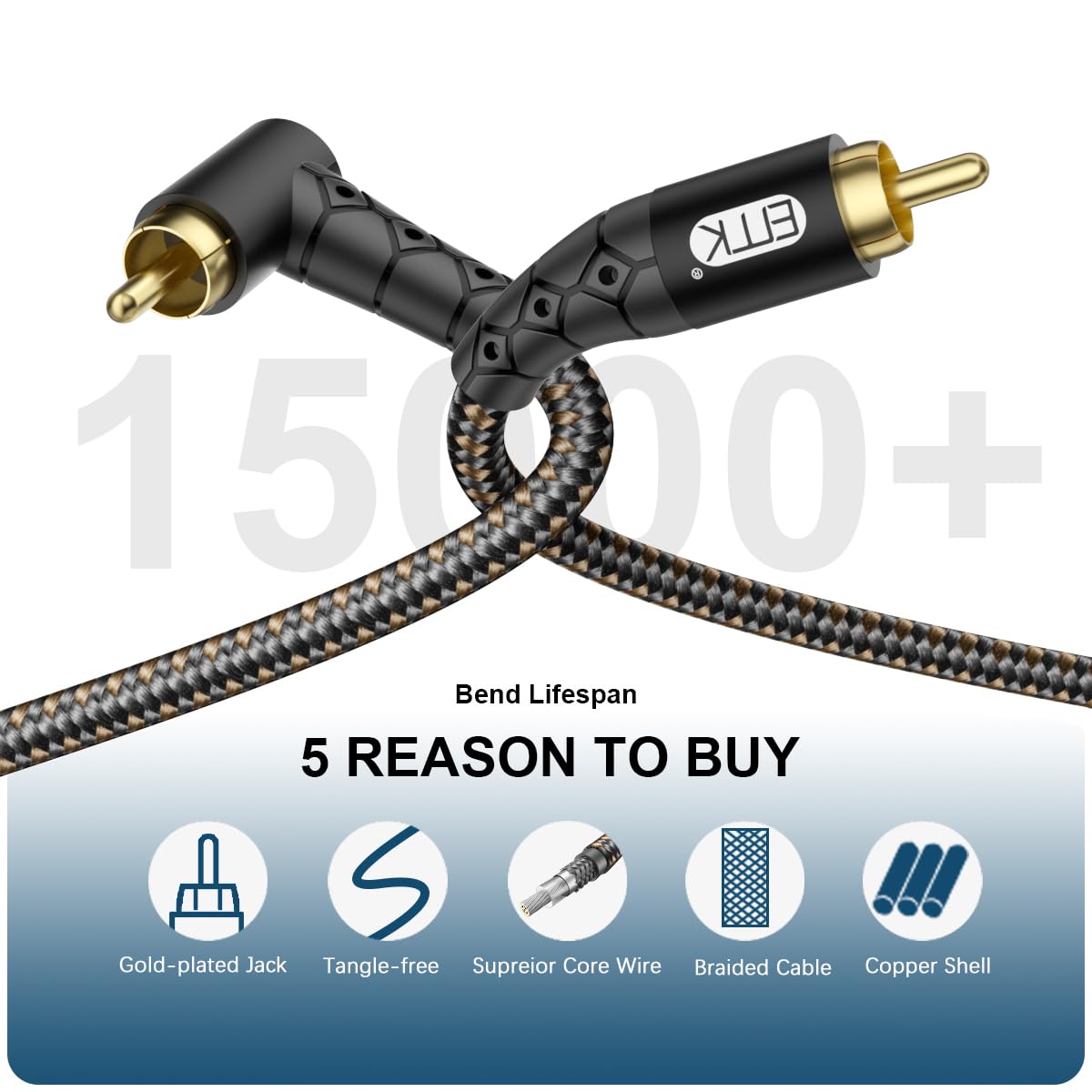 90 Degree RCA Subwoofer Cable 24K Gold-Plated Nylon Braided Double Shielded Black 10ft P549988