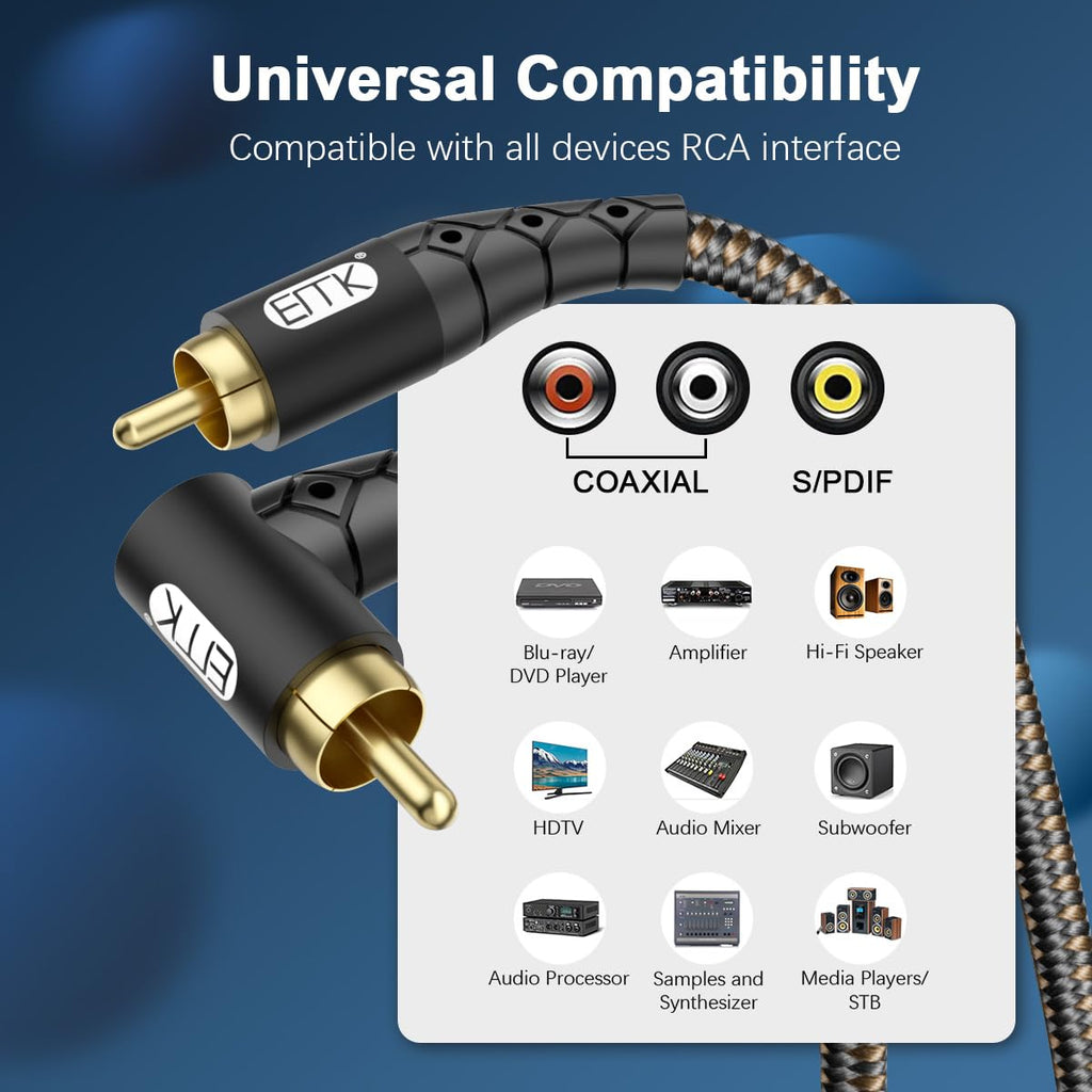 90 Degree RCA Subwoofer Cable 24K Gold-Plated Nylon Braided Double Shielded Black 10ft P549988
