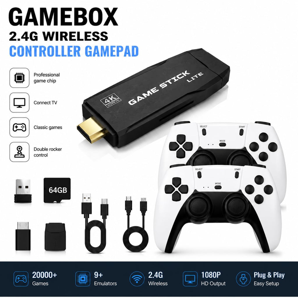 Wireless Retro Game Console 4K HDMI Stick with 2 Wireless Controllers D7611