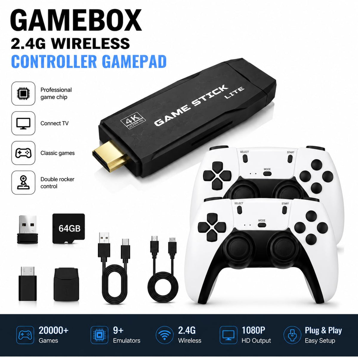 Wireless Retro Game Console 4K HDMI Stick with 2 Wireless Controllers D7611