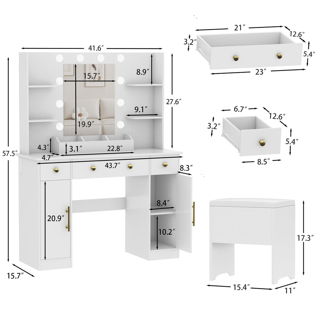 White Vanity Desk with Mirror and Lights, Charging Station, Stool, 3 Drawers and Cabinets X3169