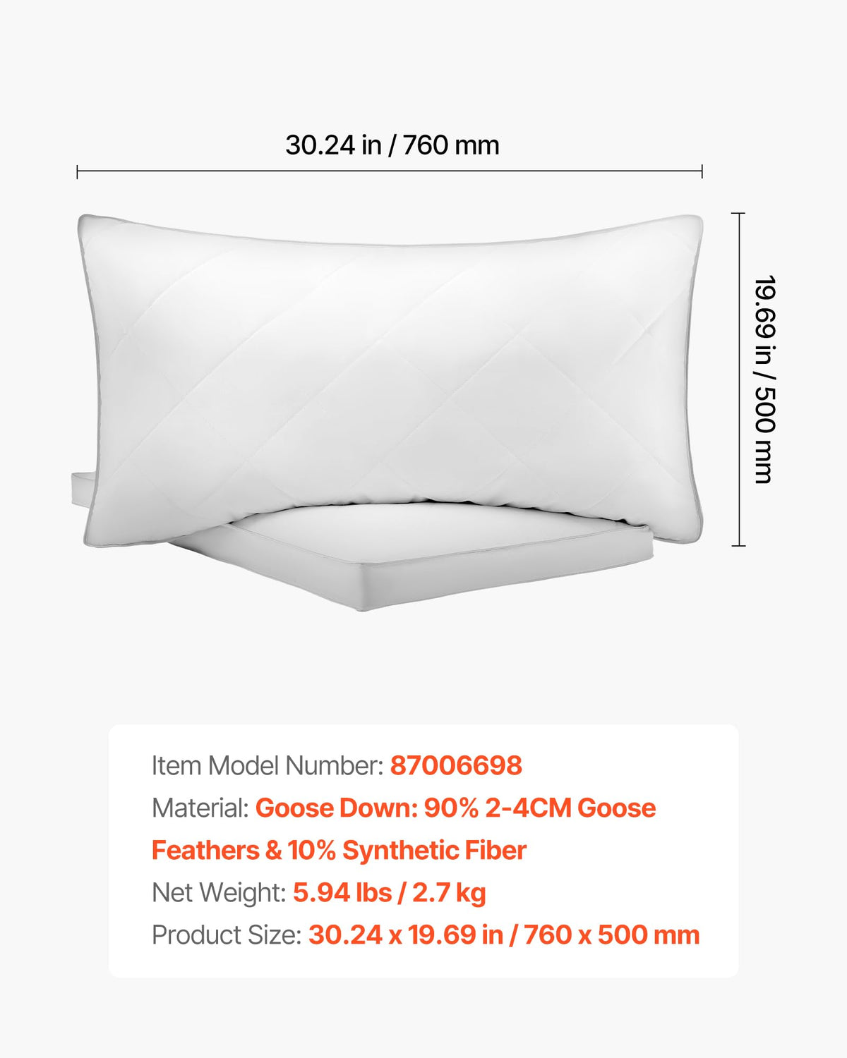 Queen Size White Set of 2 Bed Pillows R479