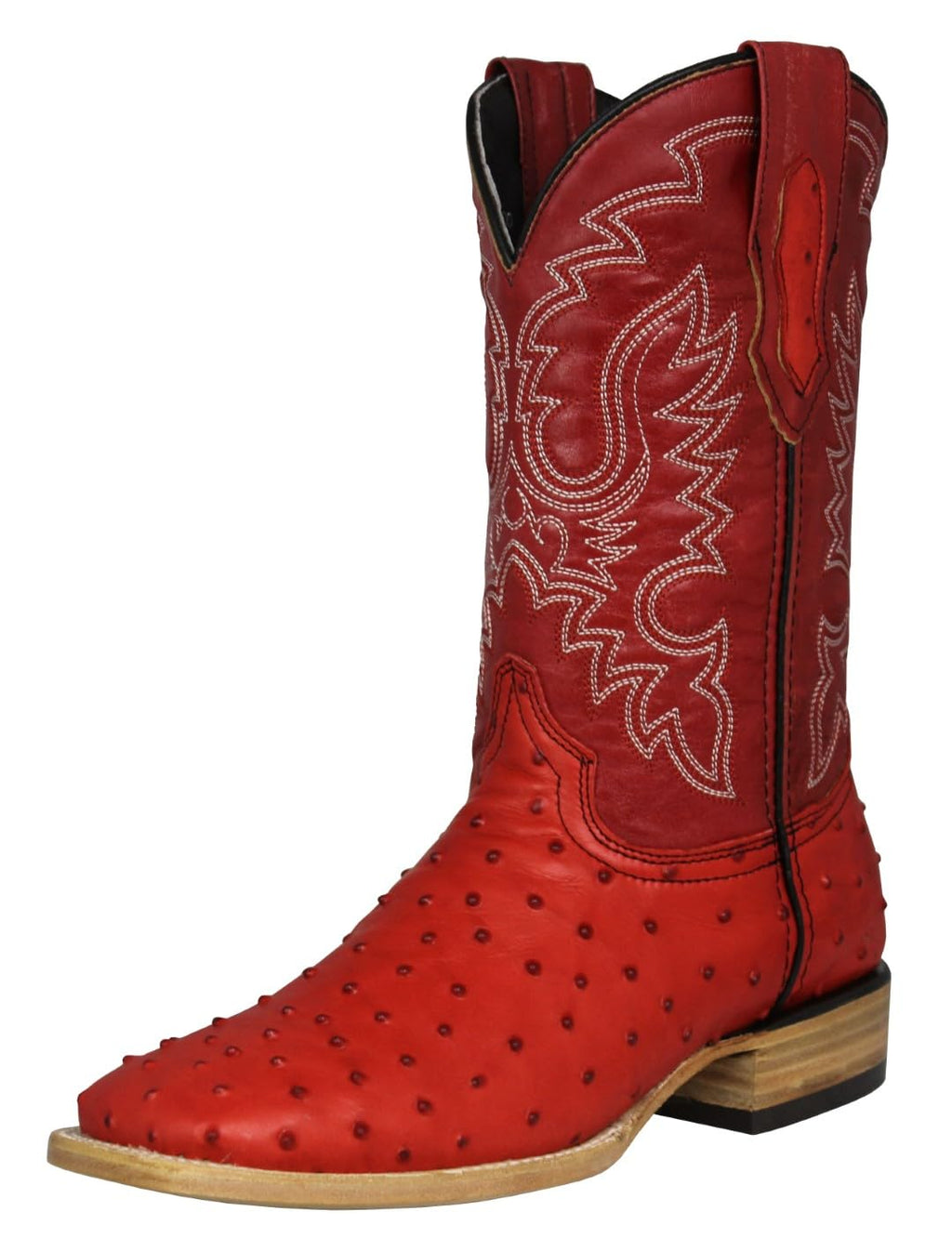 Red Ostrich Quill Print Leather Square Toe Western Cowboy Boots Q326177