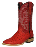 Red Ostrich Quill Print Leather Square Toe Western Cowboy Boots Q326177