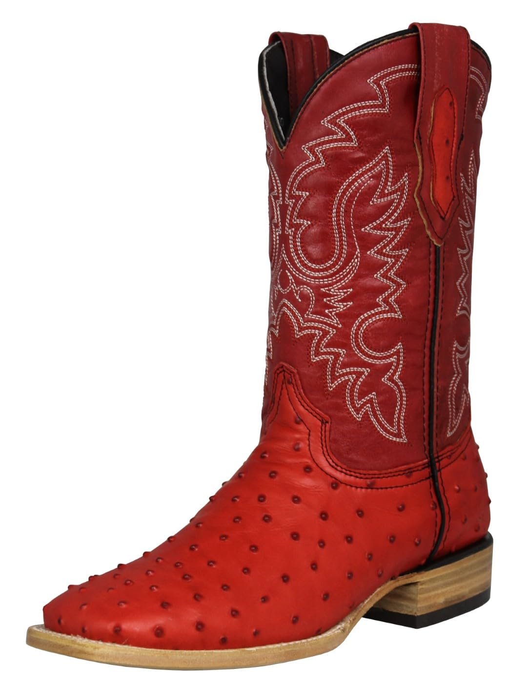 Red Ostrich Quill Print Leather Square Toe Western Cowboy Boots Q326177