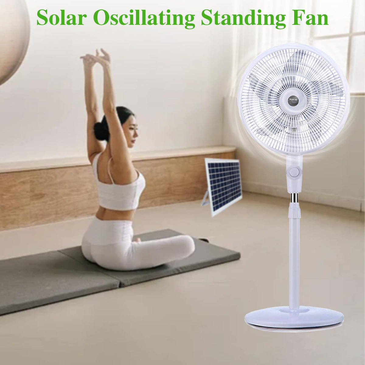 16" Oscillating Solar Floor Fan, Height Adjustable, 10000mah Battery, 3 Speeds, White H1463