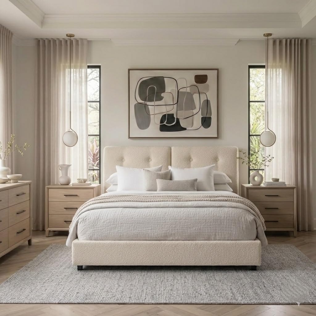 Queen Size Beige Boucle Upholstered Bed Frame with Headboard J481