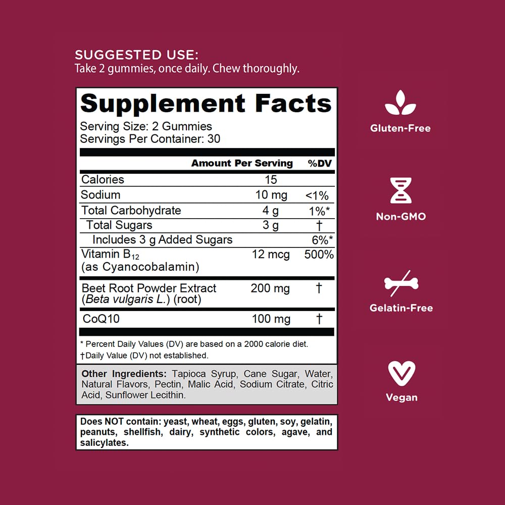 Beets Cardio Gummy 60 Count CoQ10 Beet Root Extract Vegan Gluten-Free Y657