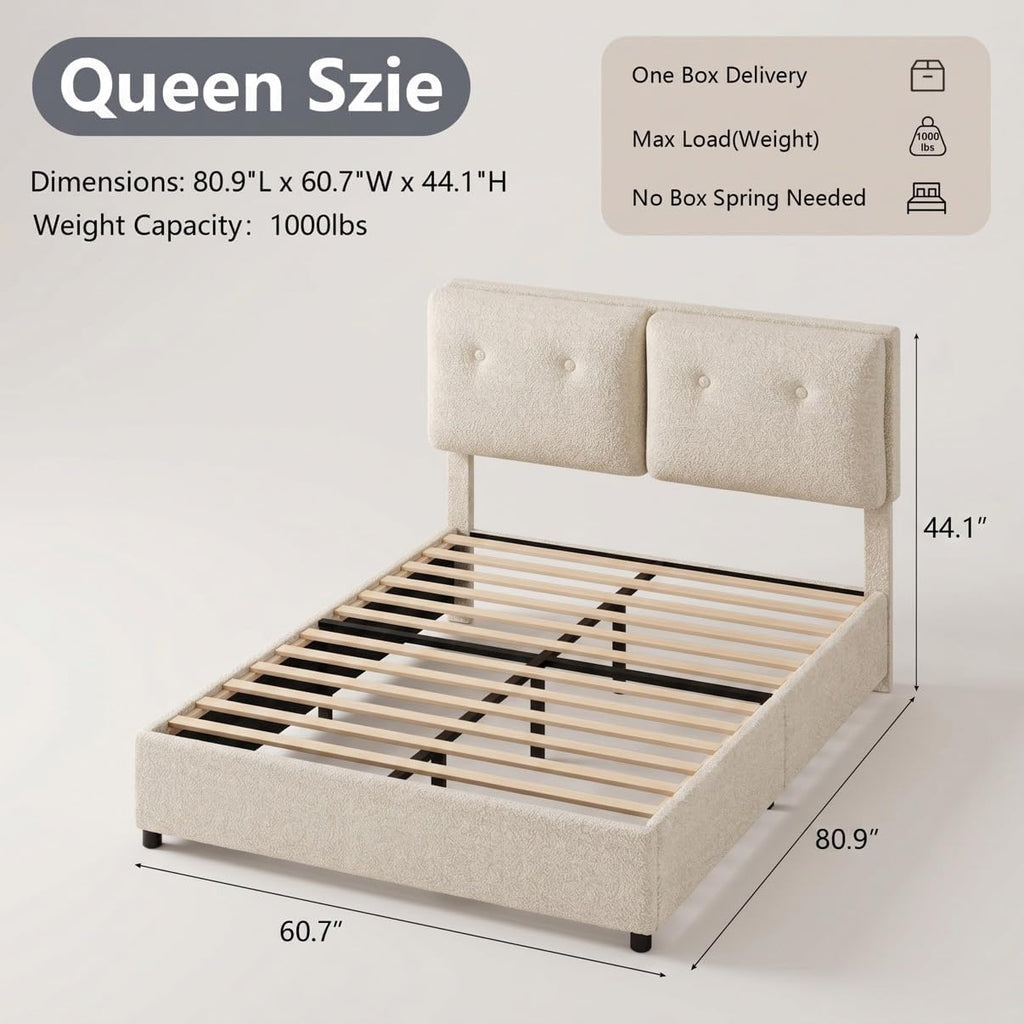 Queen Size Beige Boucle Upholstered Bed Frame with Headboard J481