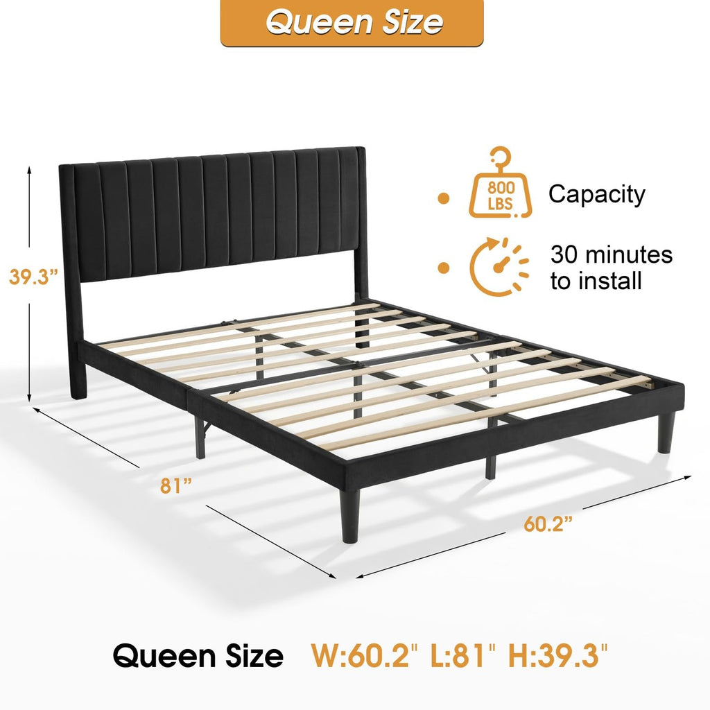 Queen Size Velvet Upholstered Platform Bed Frame Y5108