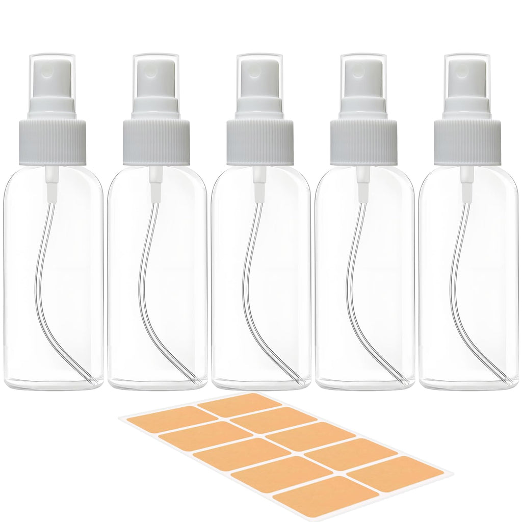 5 Pack 3.4 oz Clear Plastic Travel Spray Bottles with Labels Z9718