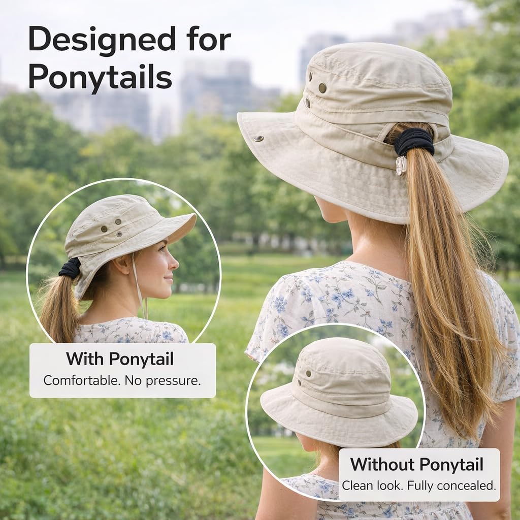 Ponytail Sun Hat Waterproof UPF 50+ Wide Brim I62939