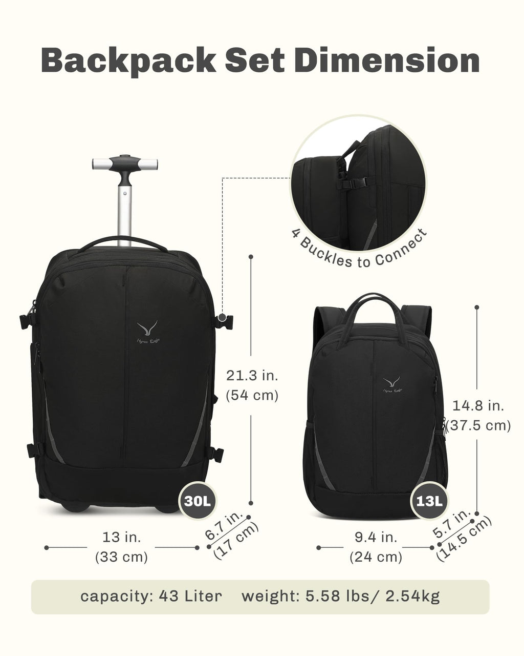 Rolling Backpack with Wheels 43L with Waist Pack Y718