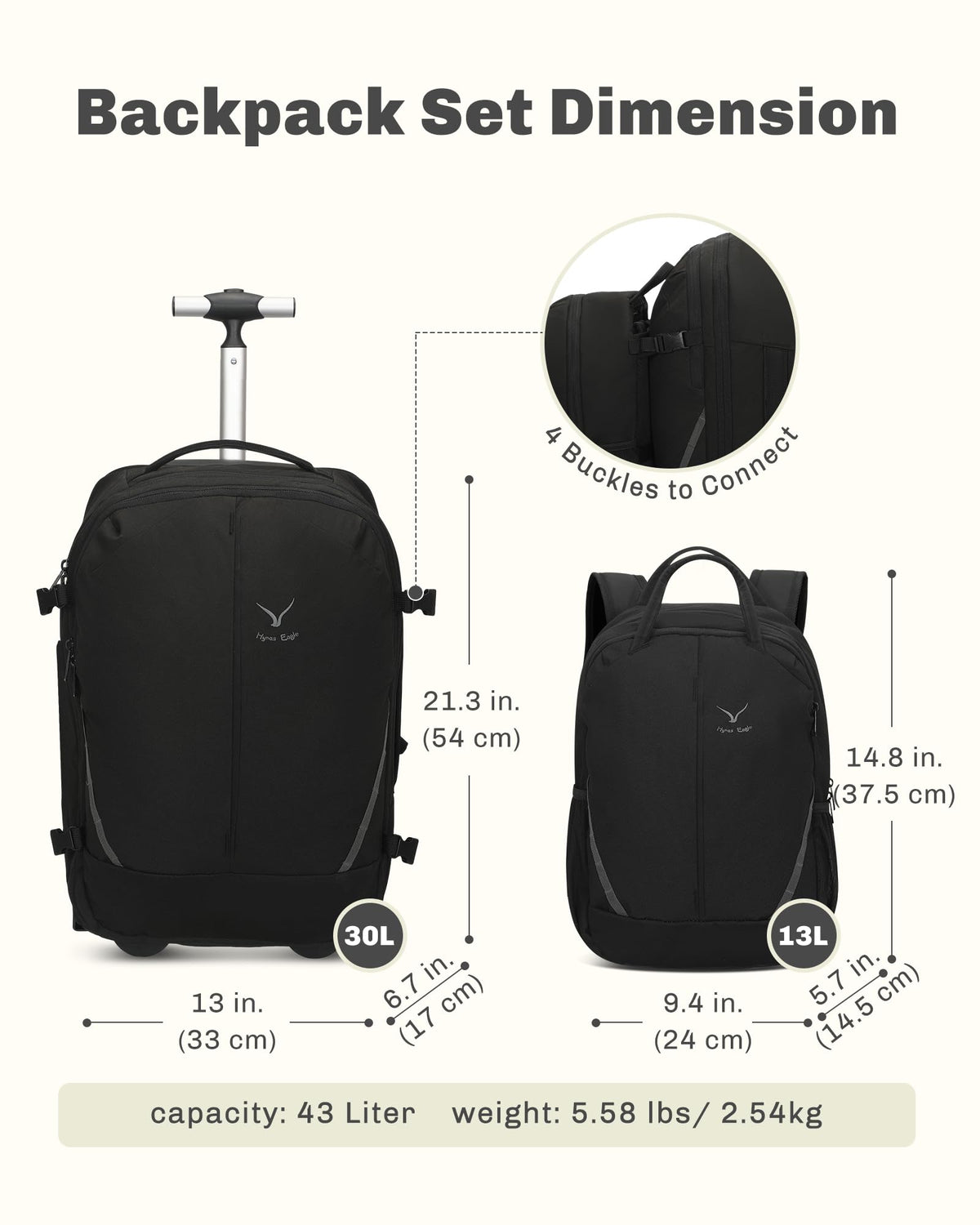 Rolling Backpack with Wheels 43L with Waist Pack Y718