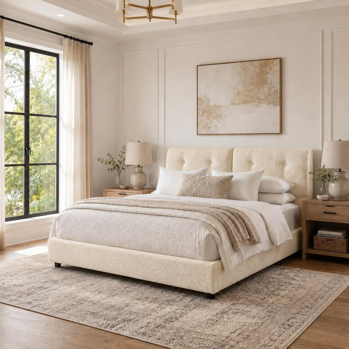 Queen Size Beige Boucle Upholstered Bed Frame with Headboard J481