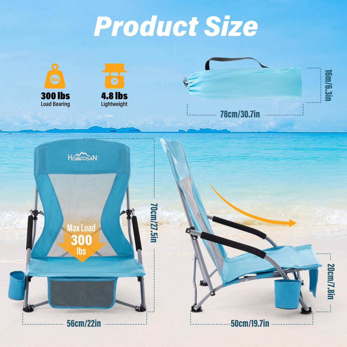 Portable Low Folding Beach Chairs Set of 2 Lightweight with Cup Holder Storage Pockets Carry Bag Blue N240