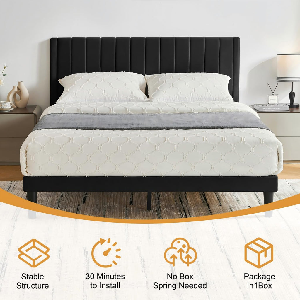 Queen Size Velvet Upholstered Platform Bed Frame Y5108