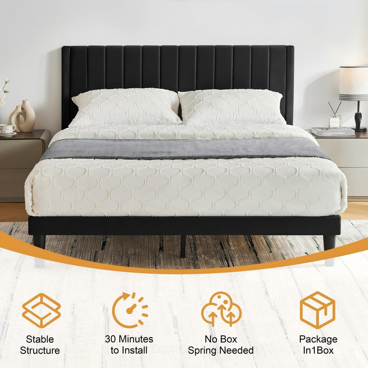 Queen Size Velvet Upholstered Platform Bed Frame Y5108