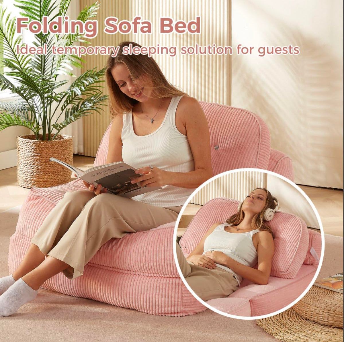 Pink Foldable Sofa Bed with Pillow & Blanket E4052