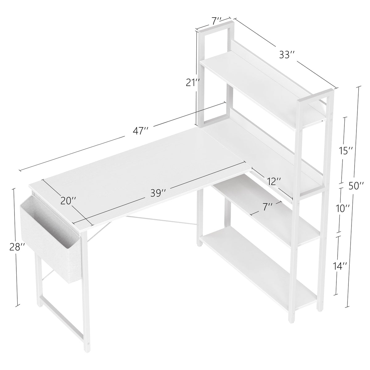 47 Inch White Computer Desk with Bookshelf G90593