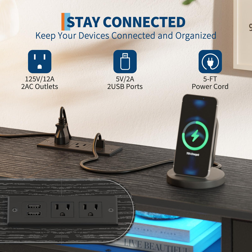 Black 13 Drawer Dresser TV Stand with LED Lights & Charging Station I5088