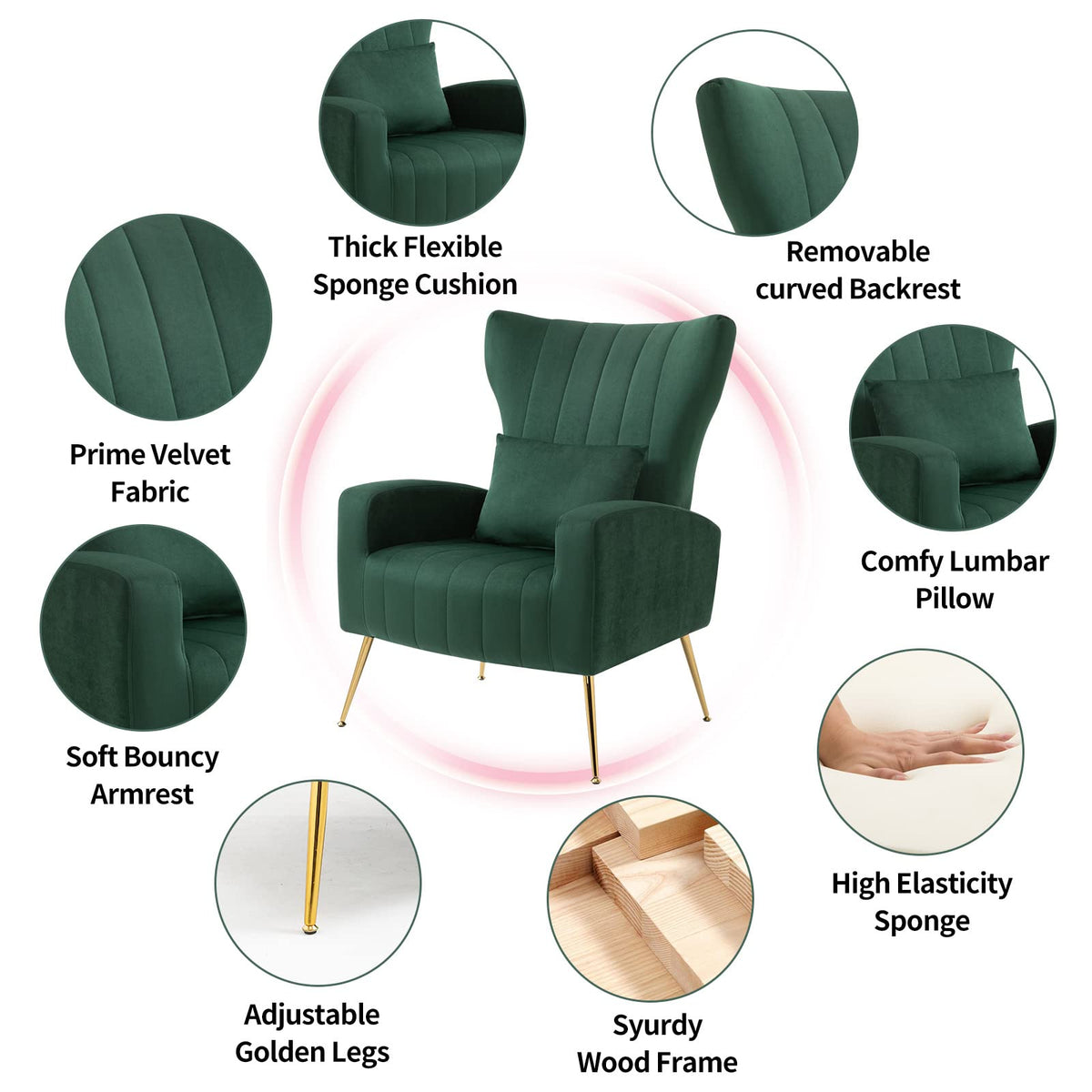 Green Velvet Accent Chairs Set of 2 with Lumbar Pillow T25486