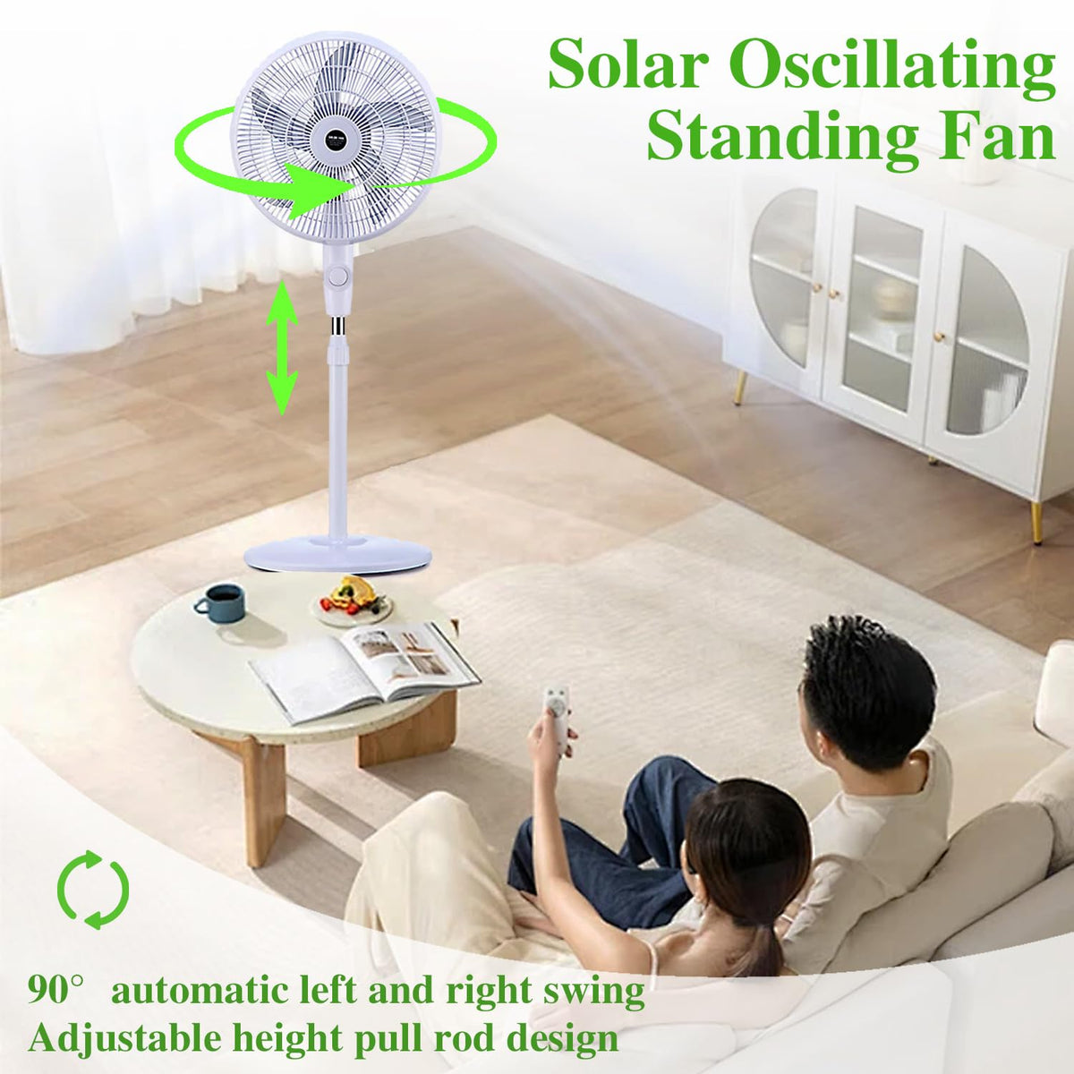 16" Oscillating Solar Floor Fan, Height Adjustable, 10000mah Battery, 3 Speeds, White H1463