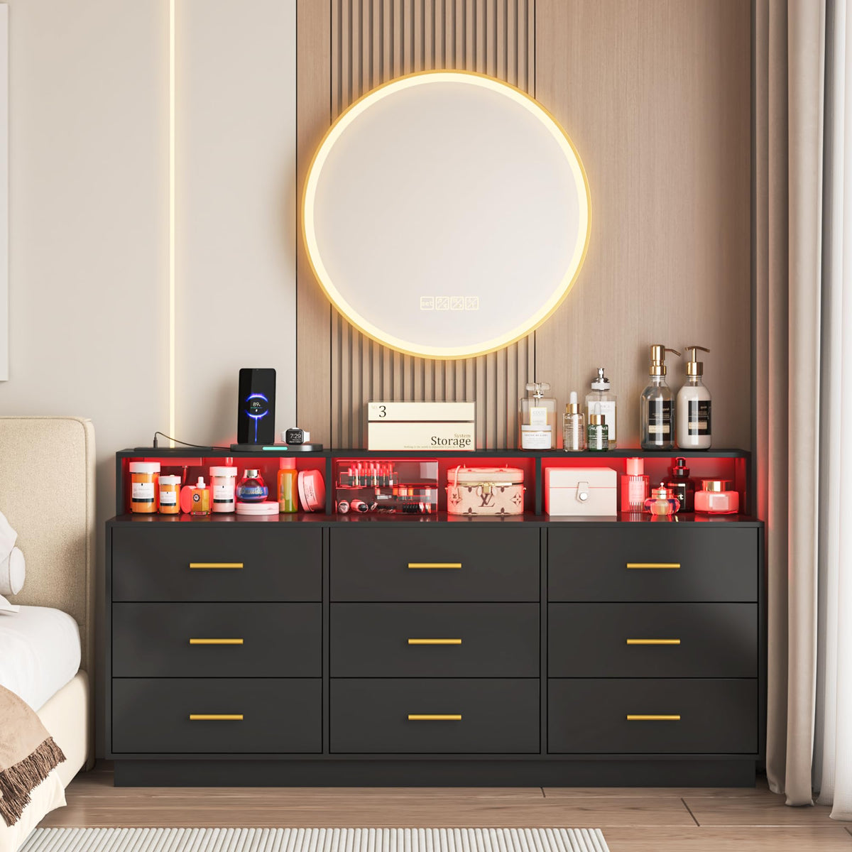 Black 9 Drawer Wood Dresser L434