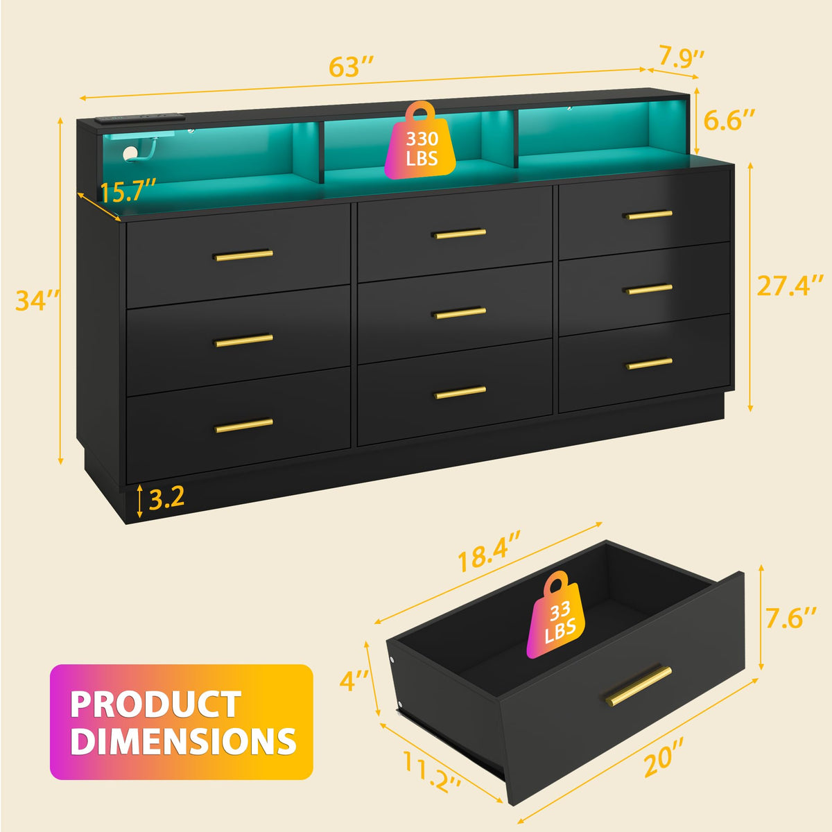 Black 9 Drawer Wood Dresser L434