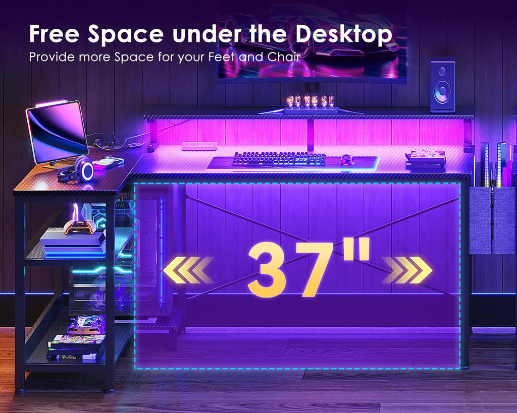 48 Inch L Shaped Gaming Desk with LED Lights and Power Outlets D25312