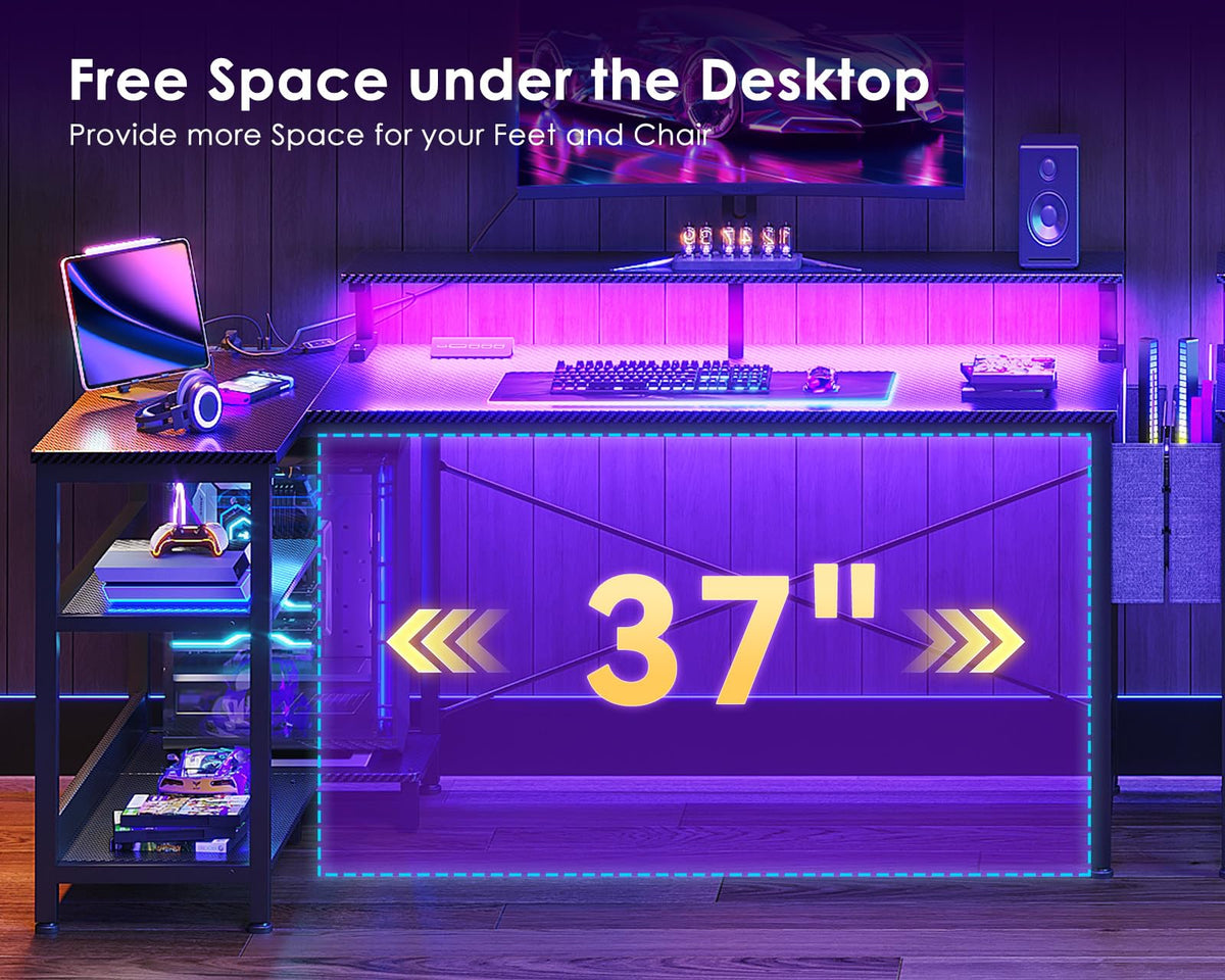 48 Inch L Shaped Gaming Desk with LED Lights and Power Outlets D25312