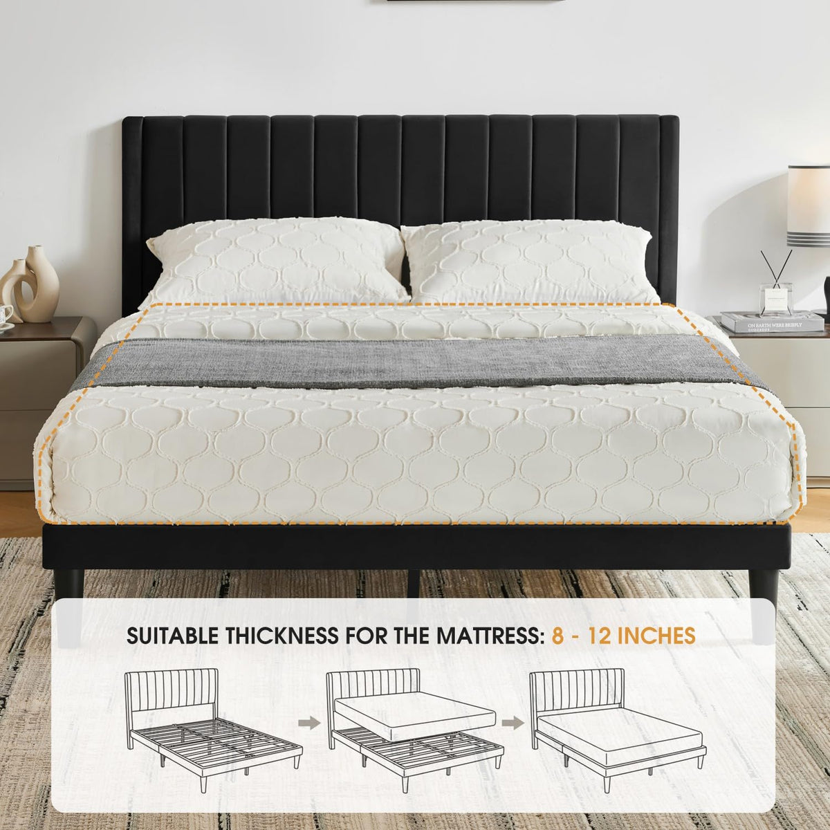 Queen Size Velvet Upholstered Platform Bed Frame Y5108