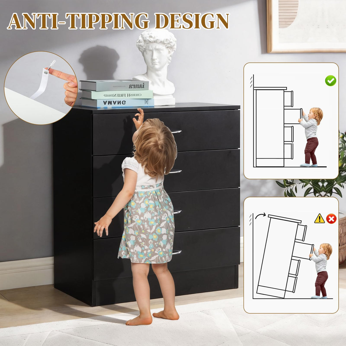 Black 4 Drawer Nightstand E363