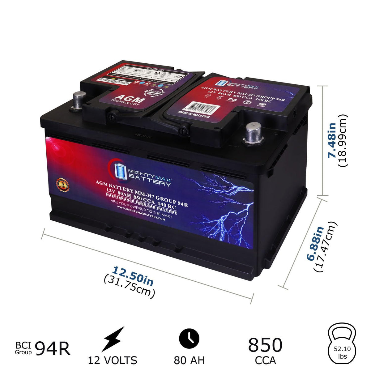 12V 80AH 850 CCA Replacement Battery W898881