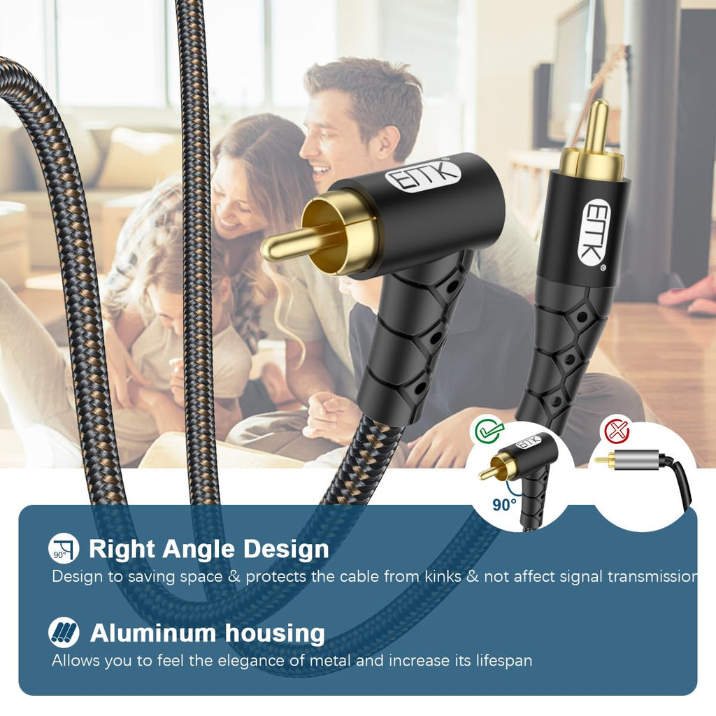 90 Degree RCA Subwoofer Cable 24K Gold-Plated Nylon Braided Double Shielded Black 10ft P549988