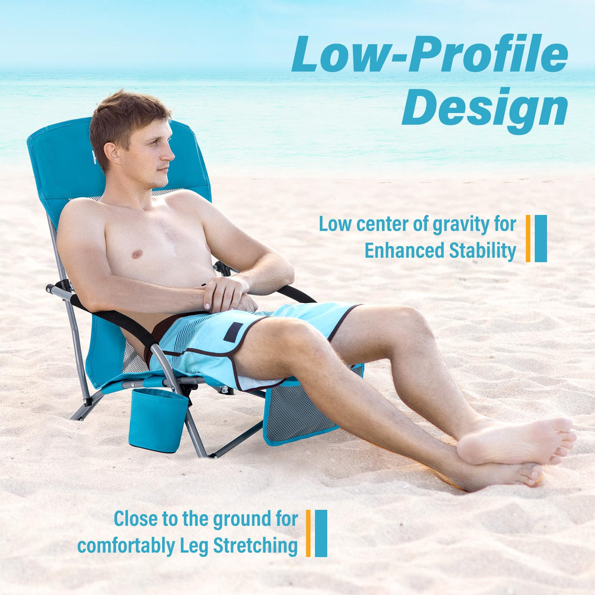 Portable Low Folding Beach Chairs Set of 2 Lightweight with Cup Holder Storage Pockets Carry Bag Blue N240