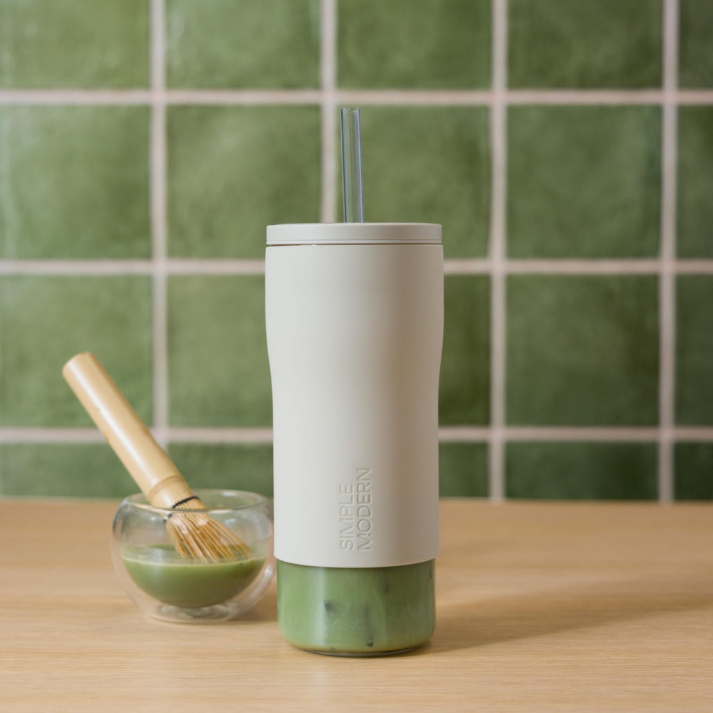 Glass Iced Coffee Cup with Straw Lid 20oz Beige B695