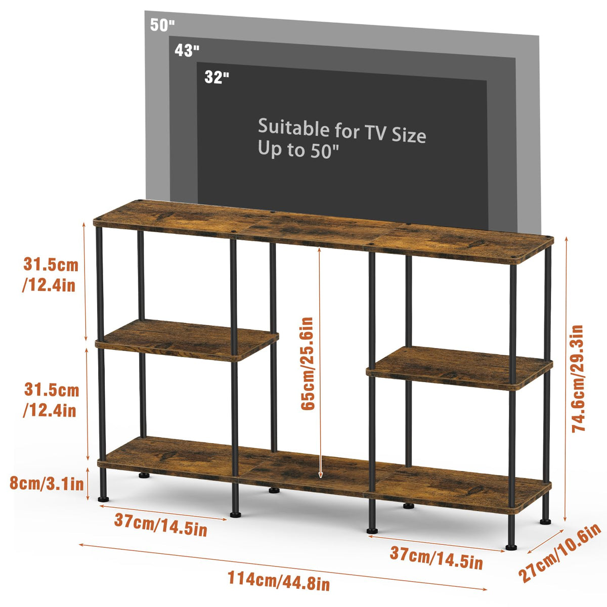 Brown 3 Tier Wood TV Stand with Storage Shelf X2481
