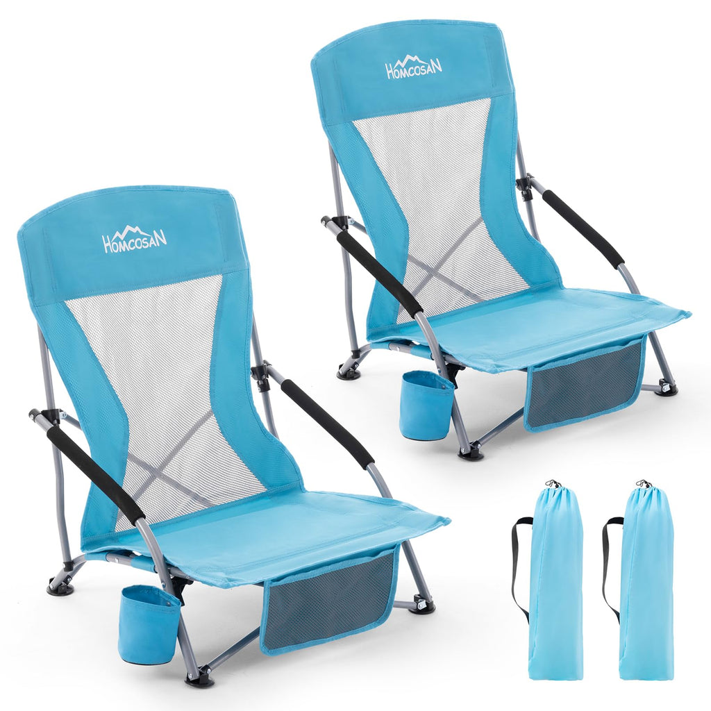 Portable Low Folding Beach Chairs Set of 2 Lightweight with Cup Holder Storage Pockets Carry Bag Blue N240