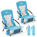 Portable Low Folding Beach Chairs Set of 2 Lightweight with Cup Holder Storage Pockets Carry Bag Blue N240