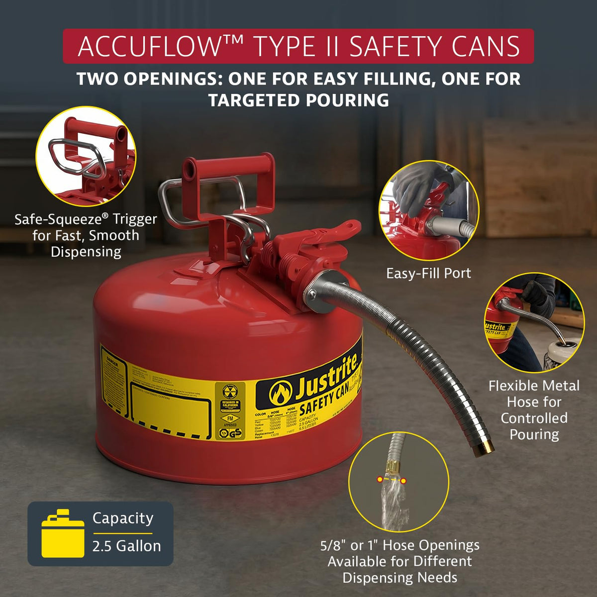 Red Galvanized Steel Gasoline Safety Can H38985