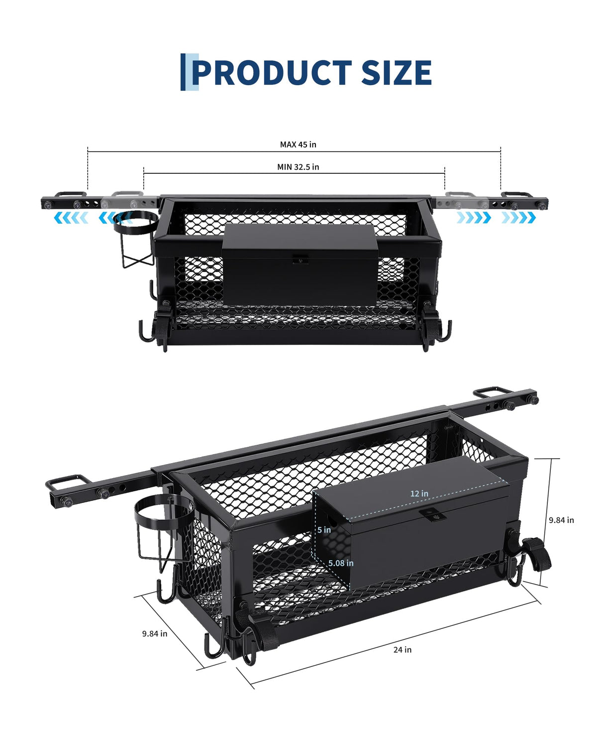 Heavy Duty Tractor Tool Box, 24x10x10 Inch Lockable Basket Attachment with Hooks and Ratchet Strap Z1956