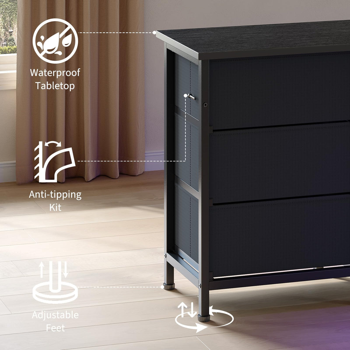 Black 13 Drawer Dresser TV Stand with LED Lights & Charging Station I5088