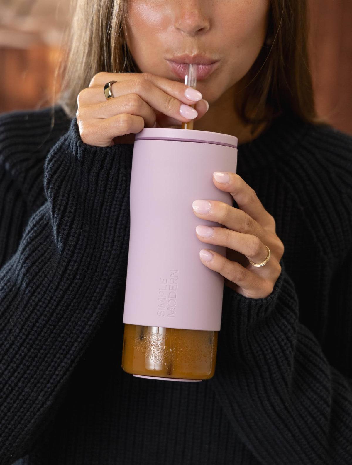 Glass Iced Coffee Cup with Straw Lid 20oz Beige B695