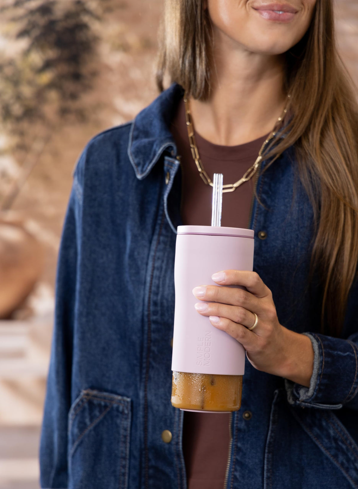 Glass Iced Coffee Cup with Straw Lid 20oz Beige B695