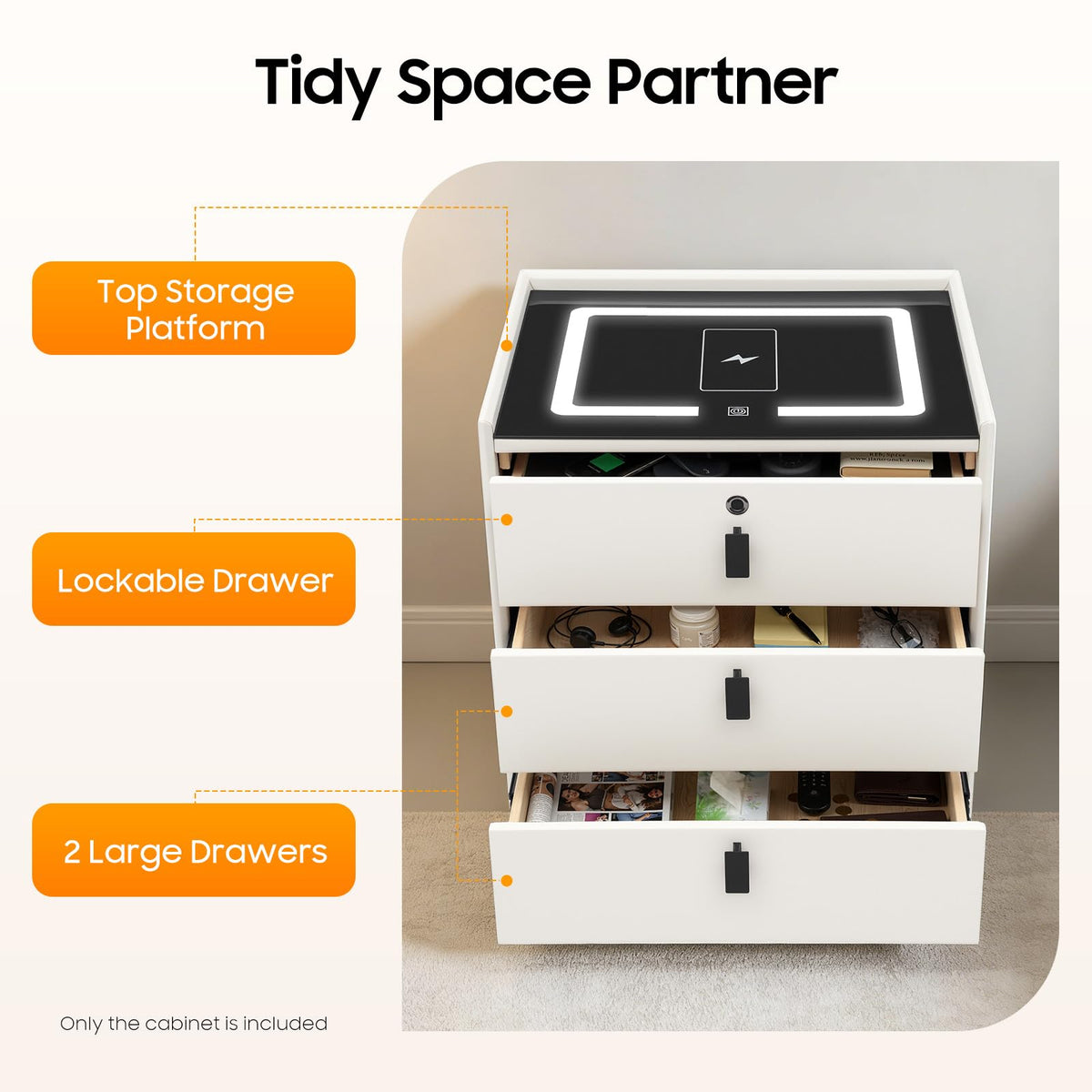 LED Nightstand with Charging Station and Drawers N723