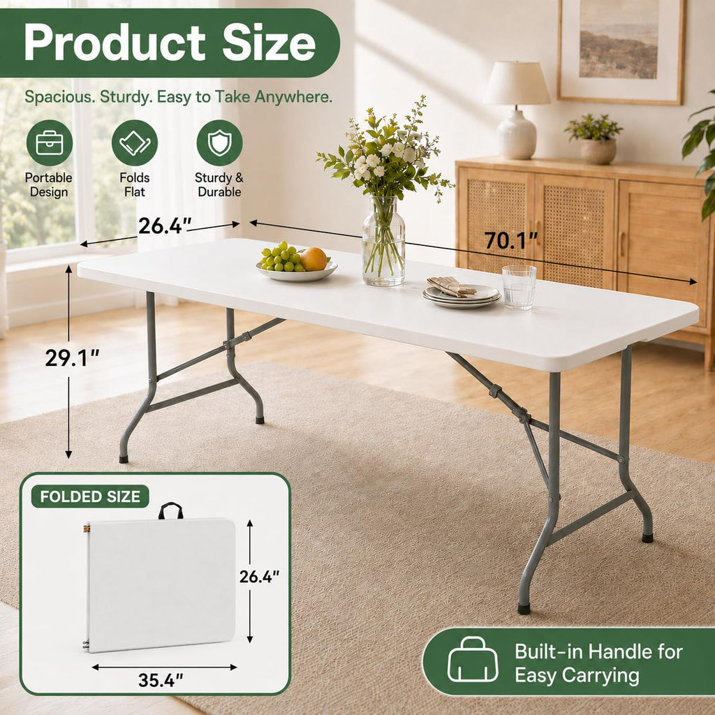 6FT Folding Plastic Utility Table with Carrying Handle, White G8252
