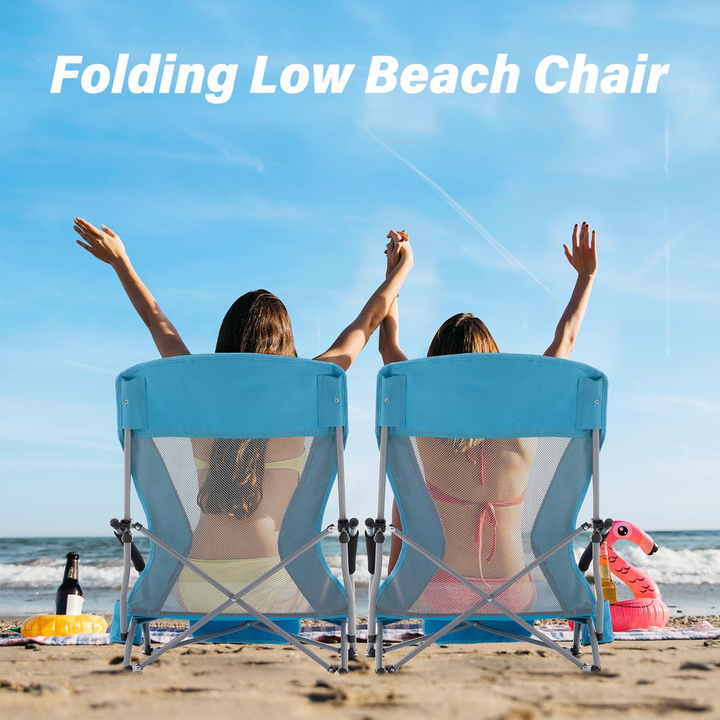 Portable Low Folding Beach Chairs Set of 2 Lightweight with Cup Holder Storage Pockets Carry Bag Blue N240